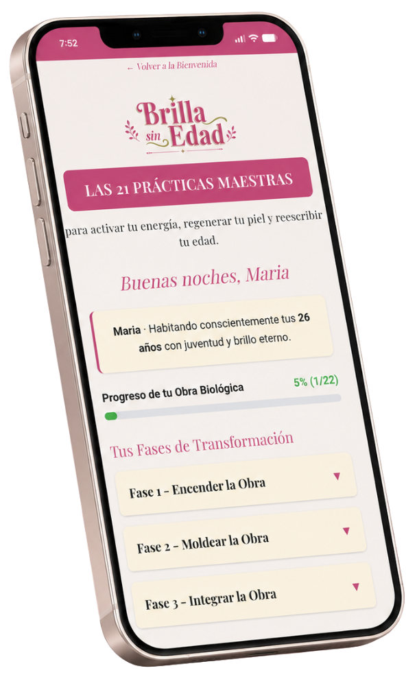 Mockup de la app Brilla sin Edad mostrando las 21 Prácticas Maestras